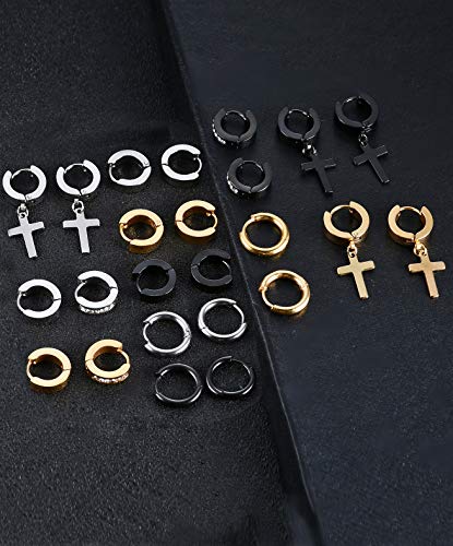 12 Pairs Stainless Steel Small Hoop Earrings Set Huggie Earrings CZ Inlaid Dangle Hinged Earrings Stud Earrings for Mens Women Silver Black Gold Tone2