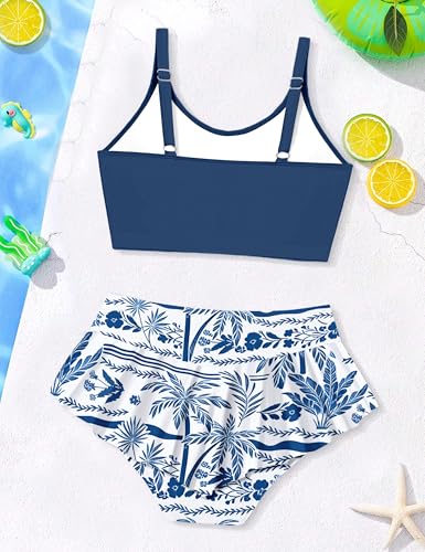 Image of Qaoerde Girls Swimsuit Tropical Print Bikini Set with Ruffle Hem Two Piece Criss Cross Bathing Suits for Girls 7-16 Years