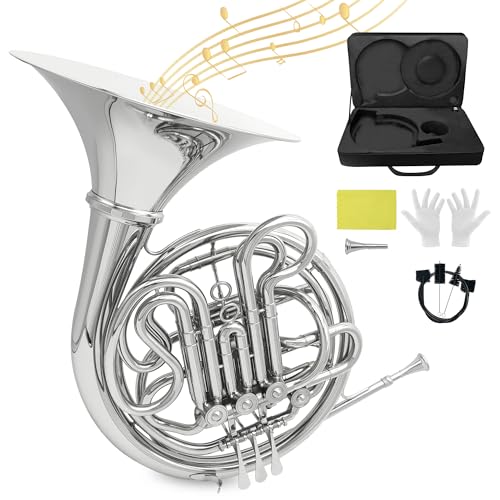 Double French Horn F/Bb 4 Keys Gold Craft Lacquer Brass Professiona French Horn Complete Accessory Kit for Concert Band and Solo Performance Sliver