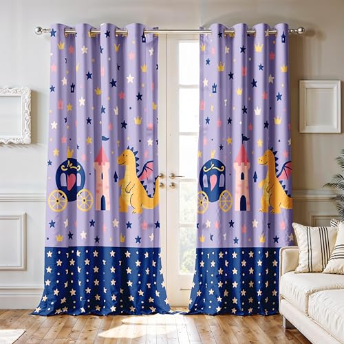 Image of Ultimate Trends Light Filtering Kids Curtain | Fairy, Dragon Castle, Safari & Jungle Animal Prints | for Kids Room Doors and Window | 6 FEET Pack of 2 |Royal Fairytale