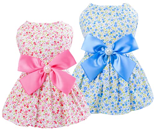 Msnfoasm 2-Pack Floral Pet Dog Dress,Pet Vest Shirt, Cutie Doggie Dresses,Pet Cats Apparel With Bowknot,Pink & Blue,Large #TOP16