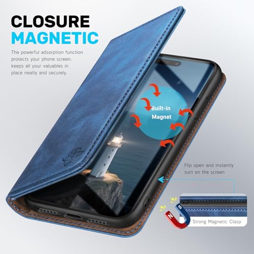 Étui en cuir premium pour iPhone 15 avec protection RFID antichoc bleu clair - 7