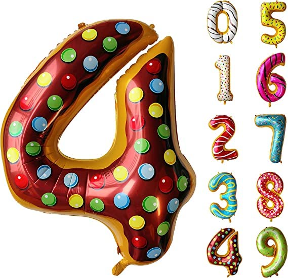 Pop The Party Number 4 Balloon, Fourth Birthday Party Foil Mylar Number Four Number Foil Balloons For Kid Girl Boy, Donut, 32 Inch (4No Candy),Multicolor,1 Piece