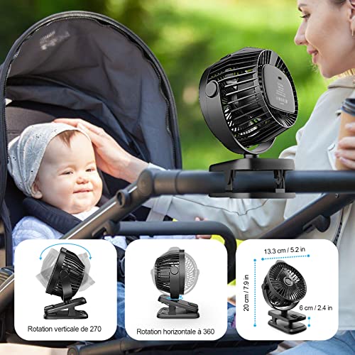 Mini USB Ventilateur Pince Portable, 8000mAh Silencieux, Télécommande, Affichage LED, 5 Vitesses Rotation à 360°, Rechargeable Table Fan for Bureau, Maison, Camping, Poussette – Image 6