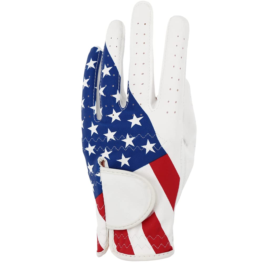 Golf Gloves for Men and Women Left Hand for Right Handed Golfer The American Flag Pattern Synthetic Leather Lycra Fiber Adjustable Closure