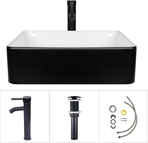 Miniatura 5 de Puluomis Tocador de baño tradicional blanco de 24 pulgadas con parte superior de fregadero de cerámica blanca y negra, cuenco de fregadero de madera