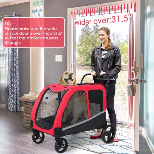 Image of Saudism Dog Stroller for Large & Medium Dogs (up to 160lbs), Pet Stroller for 2 Small Dogs, Extra Large Heavy Duty, Dog Wagon Foldable & Adjustable Handle with Pocket, Red