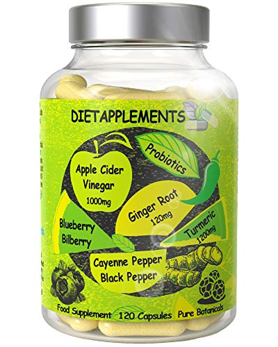 Raw Unfiltered Apple Cider Vinegar with The Mother 1000mg, Turmeric 1200mg, Ginger Root 120mg, Black, Cayenne Peppers, Prebiotics, Probiotics 500 Billion, Berries, 2620mg/Serving, 120 Vegan Capsules