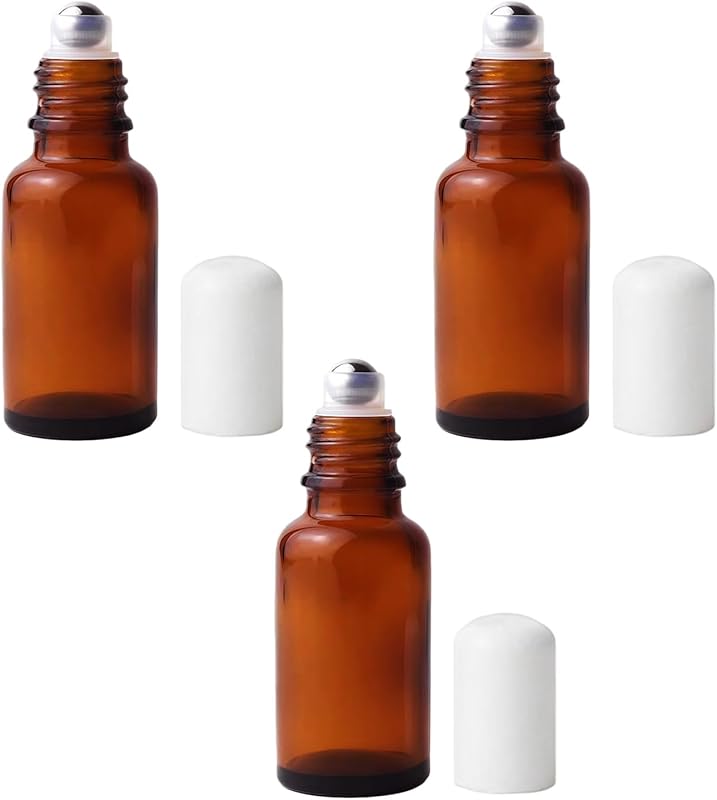 erioctry Conjunto com 3 Frascos Roll-on Recarregáveis de Vidro Âmbar, 20 mL, Esfera de Aço Inoxidável e Tampa Branca