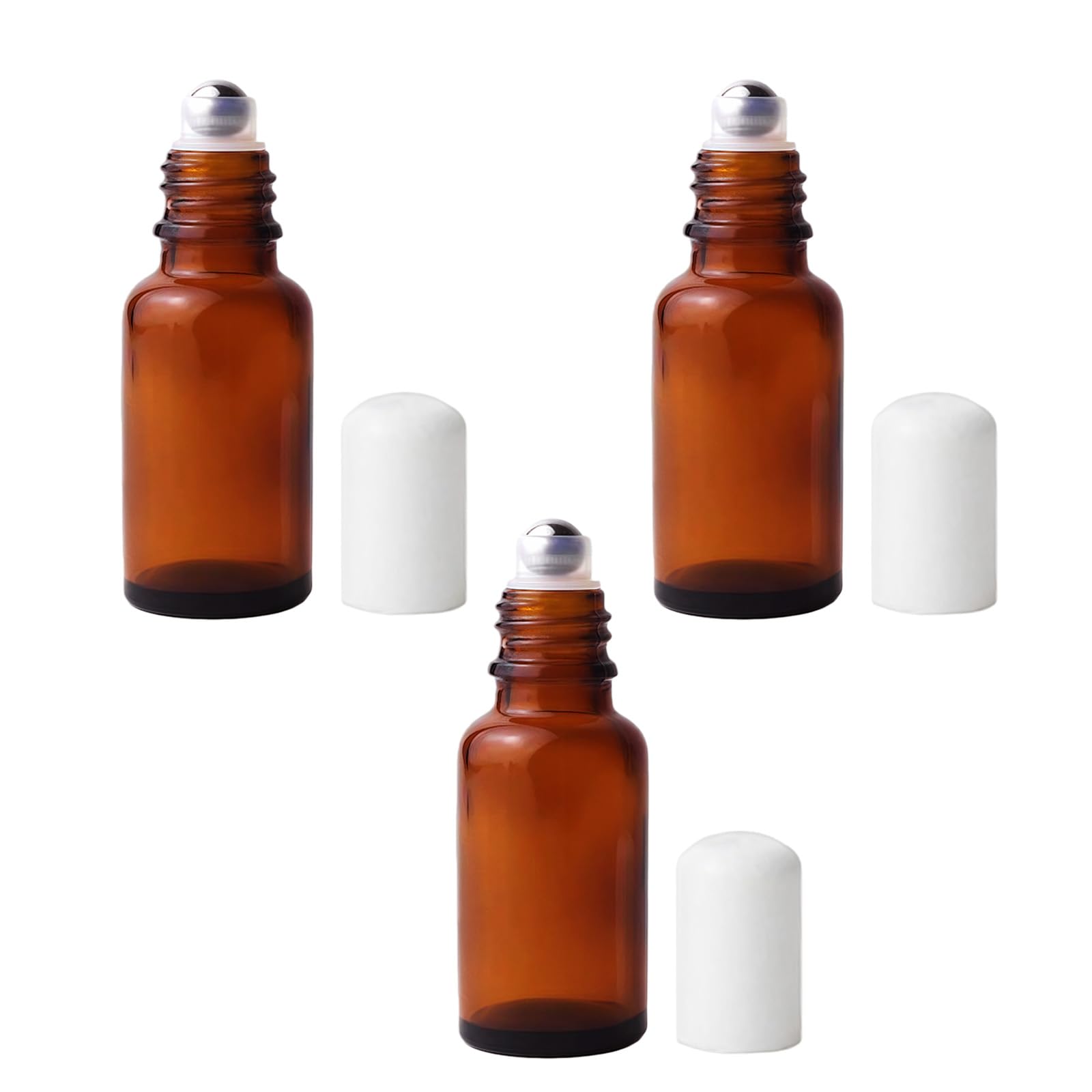 Lot de 3 flacons roulants vides en verre ambré de 20 ml avec billes en acier inoxydable rechargeables pour huiles essentielles, parfum, baumes à lèvres