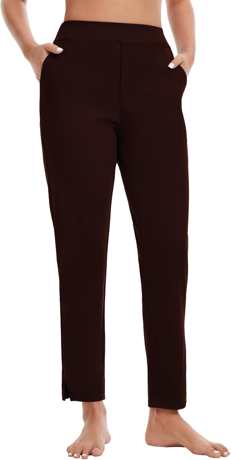 QBK Women's Petite Ankle Pants 25"/27" Stretchy Pull On Work Dress Business Casual Slacks with Pockets for Yoga Travel Golf