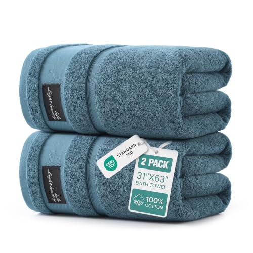 REDKISS Large Bath Towels Set 2 Piece, 100% Cotton, 31x63 in,Heavyweight 760G, Highly Absorbent & Quick Dry, Super Soft Luxury Shower Towels for Bathroom,Hotel Collection - Blue