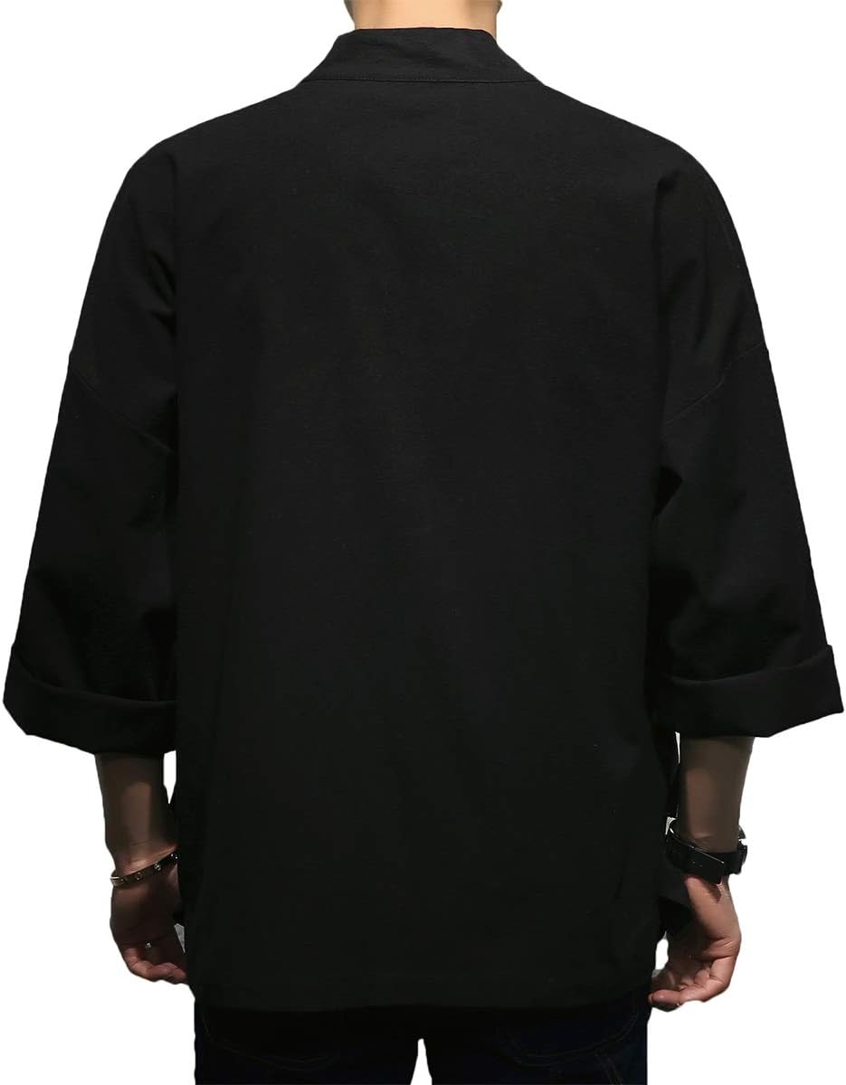 Men's Cotton Blends Linen Open Front Cardigan Embroidery Kimono Jackets - Image 2