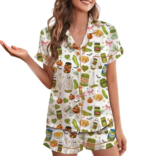 Pickle Halloween Satin Pajama Set For Women Print Comfy Satin Sleepwear & Loungewear Pjs Multi3