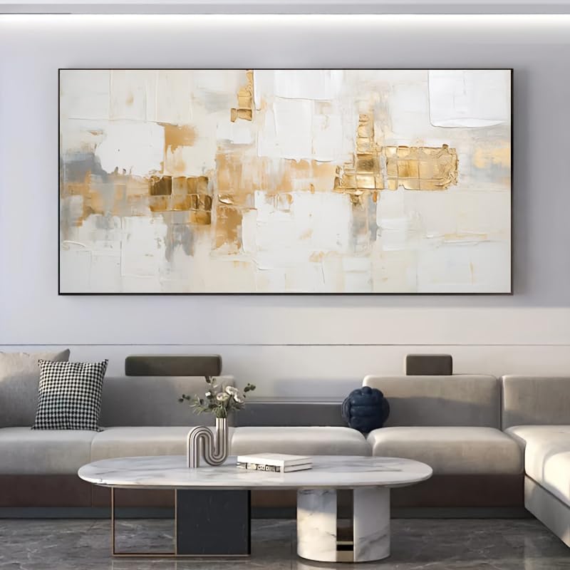 UUDEZO Tableau abstrait moderne sur toile texturée beige, grand format, cadre noir, idéal pour la décoration murale du salon (80 x 160 cm).
