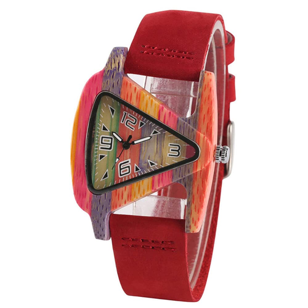 CAIDAI&YL Orologio in Legno Creativo Orologi da Donna Quadrante a Triangolo Cinturino in Pelle da Donna Orologio al Quarzo da Donna in Legno di bambù colorato, Cinturino in Pelle Rossa Leather