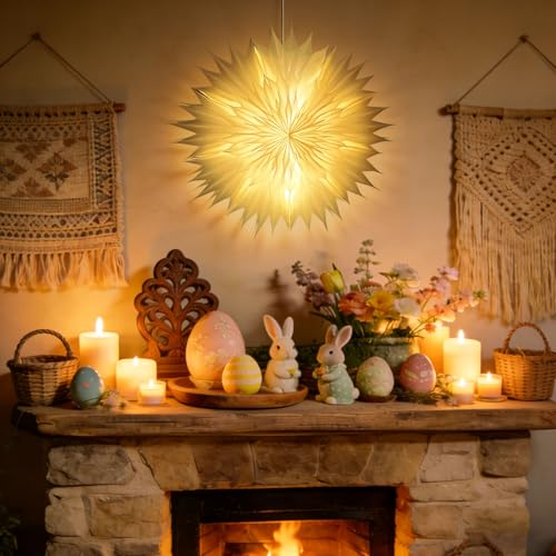 3D Papiersterne Zum Aufhängen, Wanddeko Batterie mit Timer Zum Aufhängen Deko Türdeko Rot - Schneeflockenlampe, 60 cm