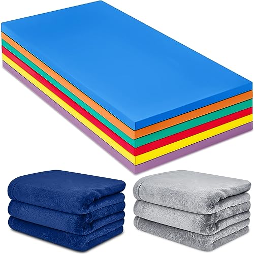 Geetery 6 Sets Rainbow Rest Mats for Kids Include 6 Pcs Rainbow Rest Floor Mats and 6 Pcs Children's Nap Blanket Polyester Soft Blanket 2 Colors for Kids Toddlers Daycare Furniture Supplies