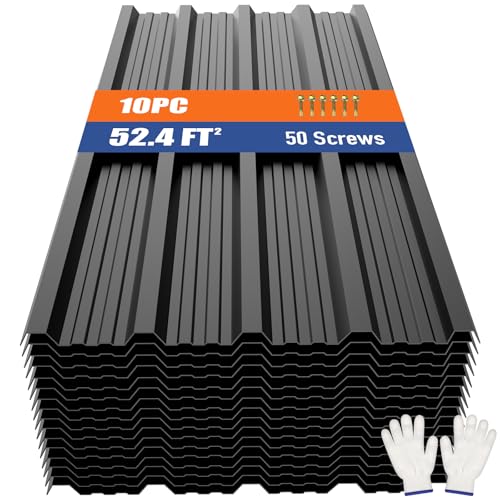 Brakki Metal Roofing Panels 10pcs 52.4 ft Black Corrugated Galvanized Steel Roof Panels with Screw Heavy Duty Metal Siding Suitable for Garages Chicken Coop Sheds Stables Patio
