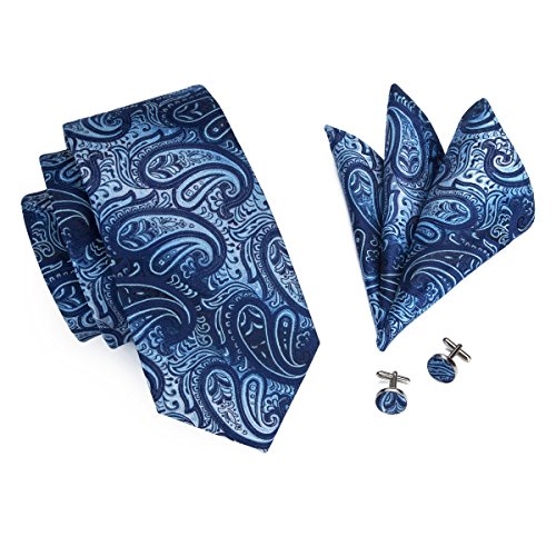 Dubulle Wholesale Tie Lot Blue Paisely White Dot Silk Necktie Pocket Square Cufflinks Set 50/100/150/200pc
