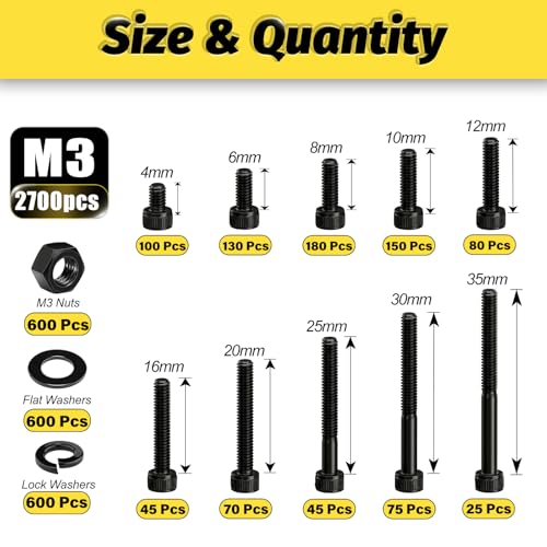 Image of Kadrick M3 Screws Kit 2700PCS (900 Screws), Full Kit with Nuts, Washers & Hex Wrench, Optimized Size Distribution, Class 12.9, Black Zinc Plated M3 Bolts for 3D Printing, DIY, RC & Robotics