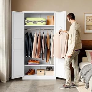 Metal Armoire Wardrobe Closet with 2 Doors 72 Wardrobe Cabinet with Hanging Rail Metal Closet with Adjustable Shelves for Bedroom Require AssemblyWhite 72inch