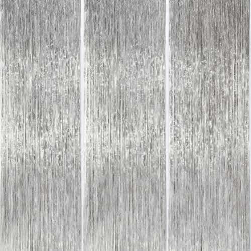 PartyWoo Silver Streamers 3pcs Tinsel Backdrop 8.2FT Metallic Tinsel Foil Fringe Streamer Curtains Party Photo Booth Backdrop for Graduation Baby Shower Bachelorette Wedding Disco Party Decorations