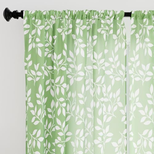 Encasa Homes Cortinas estampadas semitransparentes de poliéster 140 cm (width) x 137 cm (length) con alzapaños 4.5 ft, Verde de hoja inverso - Paquete de 2 - No encoge y lavable