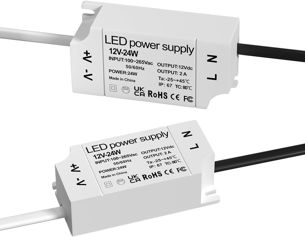 Lustaled 24W LED 12V Power Supply, IP67 Waterproof12 Volt LED Driver 110V AC to 12V DC Constant Voltage Converter 1.5A Transformer Adapter for LED Strip Light Indoor & Outdoor Use (2-Pack)