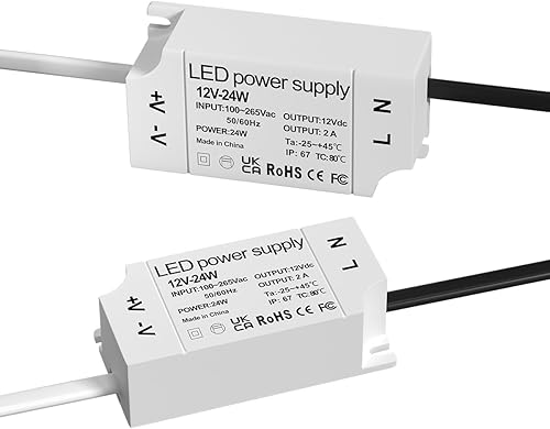 Lustaled Fuente de alimentación LED de 24 W, 12 V, IP67 resistente al agua, controlador LED de 12 voltios, 110 V CA a 12 V CC, convertidor de