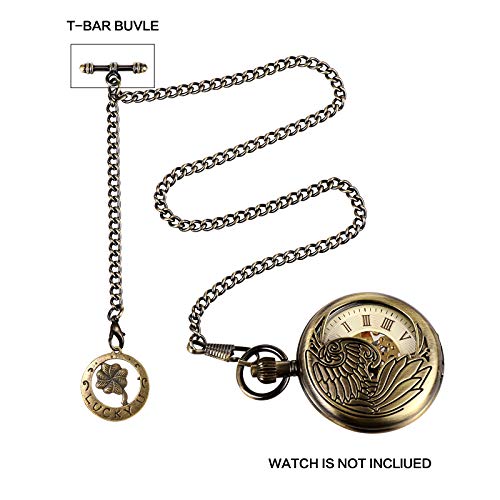 Treeweto Men's Albert Chain Pocket Watch Curb Link Key Chain 2 Hooks With Antique Lucky Four-Leaf Clover Bronze Pendant Design Charm Fob T Bar #TOP5