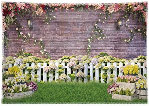 96x72inch Durable Fabric Spring Garden Backdrop Easter Flower Fence Rose Pink Brick Wall Photography Background Party Supplies Floral Decoration Kids Newborn Baby Portrait Photo Booth Props