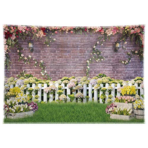 96X72Inch Durable Fabric Spring Garden Backdrop Easter Flower Fence Rose Pink Brick Wall Photography Background Party Supplies Floral Decoration Kids Newborn Baby Portrait Photo Booth Props #TOP3