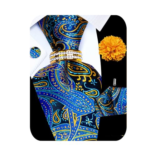 Image of 5PCS Mens Silk Tie, Pocket Square, Cufflinks, Drilled Tie Ring and Lapel Pin Set for Wedding Groom Party