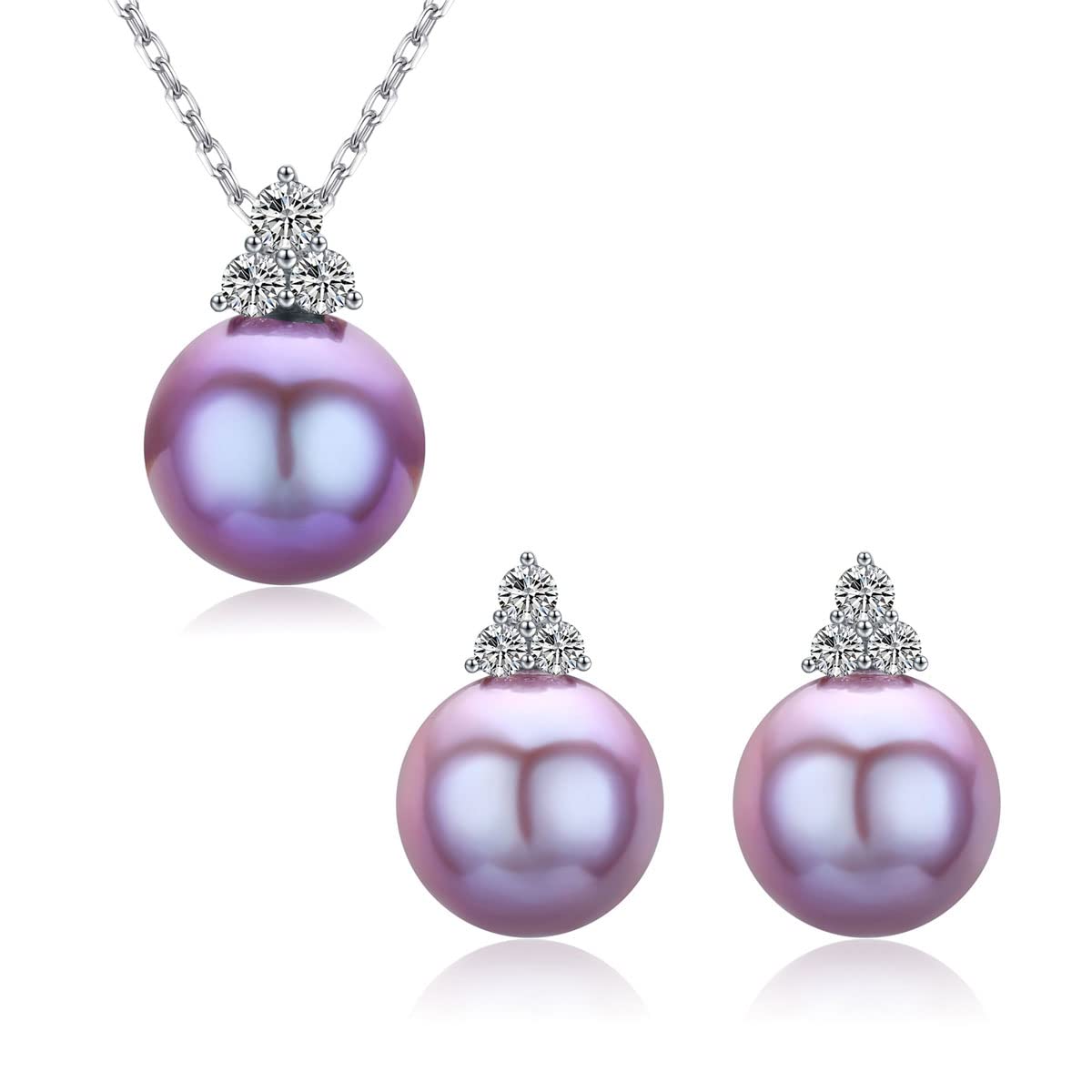 G14K White Gold 9mm-11mm Trinity Freshwater Cultured Edison Pearl Earrings & Necklace Gift Set