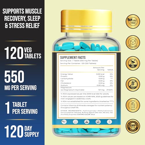 Image of Magnesium Glycinate Tablets 550mg - 100% Pure Chelated Form . No Magnesium Oxide | Supports Sleep, Relaxation & Muscle Function | Non-Laxative . Gentle Daily Formula | 120 Veg Tablets (120 Days)