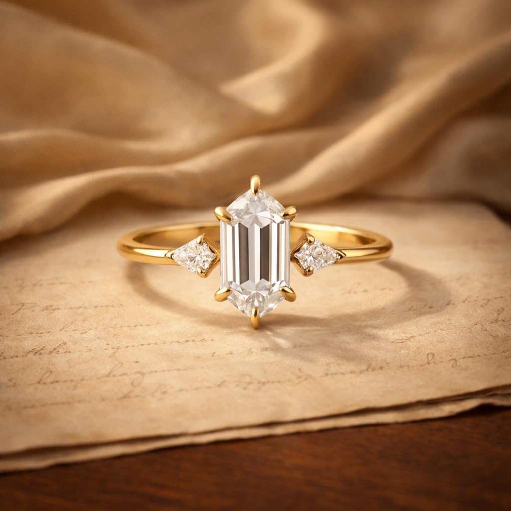 14K Yellow Gold Hexagon Cut Moissanite Three Stone Engagement Ring Elongated Minimalist Bridal Promise Ring with Side Accents Jewelry Gift for Women