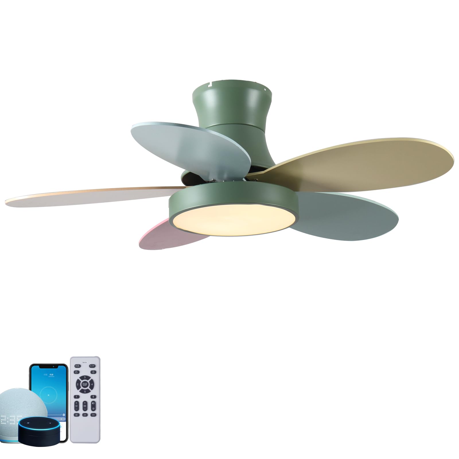 SXDMOUBK Intelligent Voice Ceiling Fans with Lights and Remote 35w Reversible Fan Light Ceiling 6 Speed Children's Room Mute Timer Light Bulb Fan Lde 2600 Lumens 10%~100% Dimmable-D||121cm/48 inch