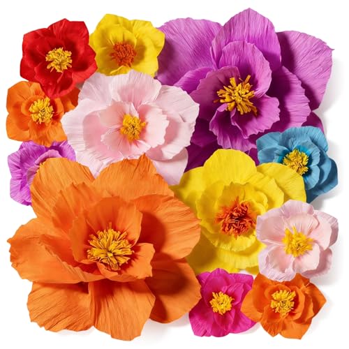 12pcs Crepe Paper Flowers for Wall Decor, Large Artificial Tissue Paper Flower, Colorful Wall Decorations for Nursery Baby Shower Birthday Party Backdrop Wedding