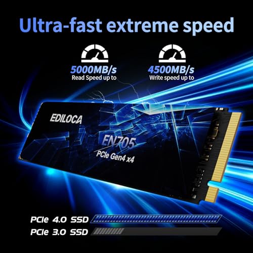 Image of Ediloca 1TB SSD NVMe M.2 2280 PCIe Gen4 x4 Internal Solid State Drive - Up to 5000MB /s, 1TB SSD PS5 Dynamic SLC Cache, PS5 Compatible for Gaming PC Laptop(EN705)