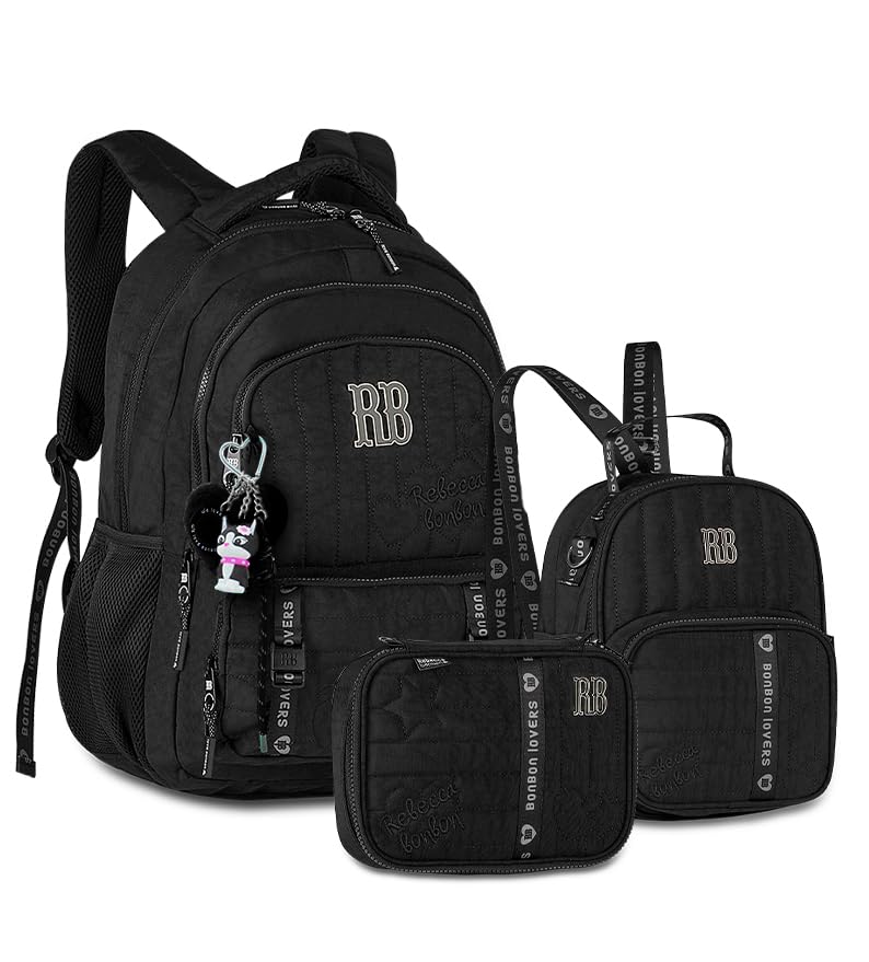 Kit Mochila Rebecca Bonbon Linda Holográfica RB Metalizado Costas Acolchoadas Bolso Grande Com Organizador Estojo Lancheira (RB27006 Preta)