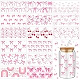 Resurhang 15 Sheets Pink Bow Stickers Coquette UV Dtf Cup Wrap Transfer Stickers for DIY Craft Decorations for 16 oz Glass Water Bottle Gift Packaging Notebook Computer