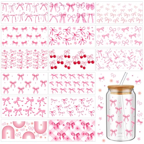 Resurhang 15 Sheets Pink Bow Stickers Coquette UV Dtf Cup Wrap Transfer Stickers for DIY Craft Decorations for 16 oz Glass Water Bottle Gift Packaging Notebook Computer