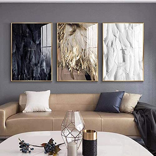 Lienzo pintado en negro, blanco y dorado, plumas artísticas, póster e impresiones, moderno salón decoración del hogar, sin marco (3 x 40 x 60 cm) Cover