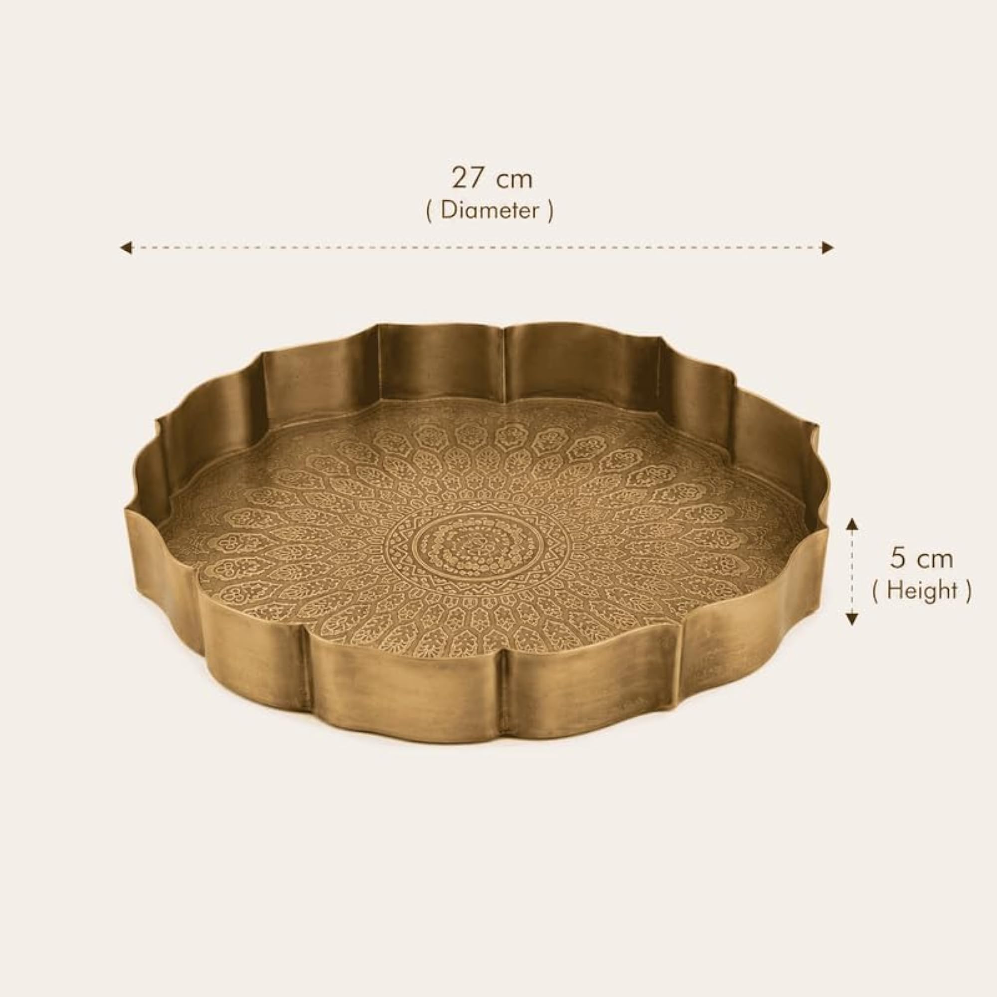 Mandala Iron Tray, Gold Scalloped Round Serving Tray