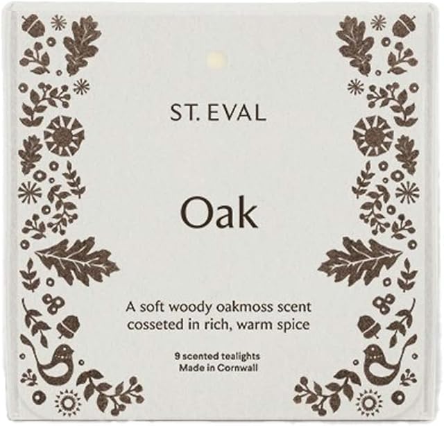 St. Eval Oak Scented Tealights - Candle - Folk Collection - Soft and Woody Oakmoss Scent Cosseted in Rich, Warm Spice - Refreshing Fragrance - Made in Cornwall - Pack of 9
