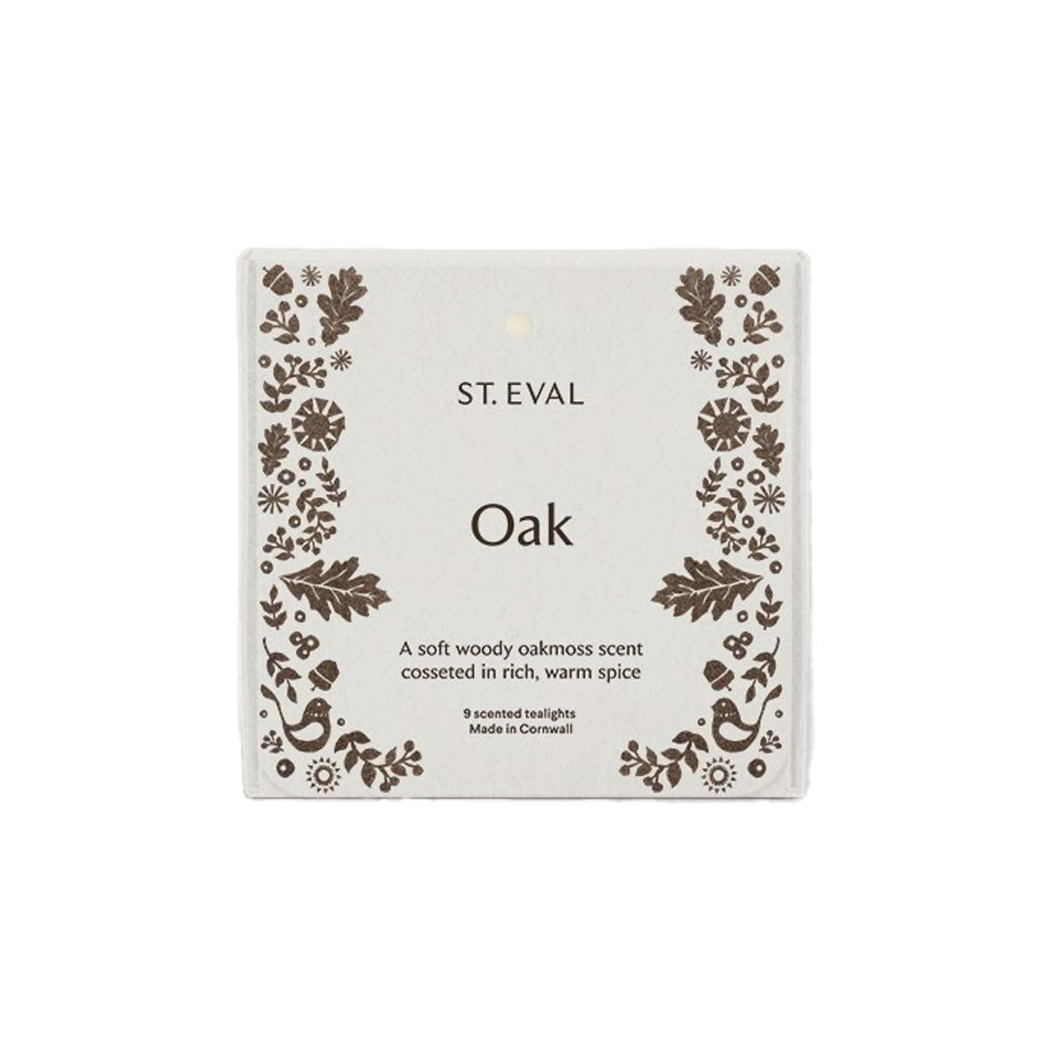 St Eval Oak Scented Tealights - Candle - Folk Collection - Soft and Woody Oakmoss Scent Cosseted in Rich, Warm Spice - Refreshing Fragrance - Made in Cornwall - Pack of 9