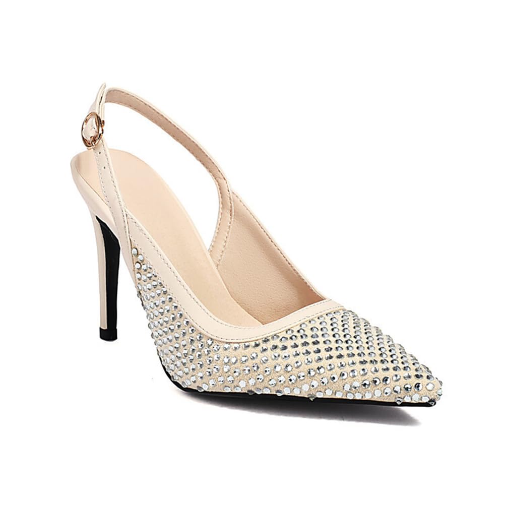 Scarpe da Sera con Tacco Alto da Donna con Punta Chiusa e Cinturino, in Raso con Strass, per Matrimoni e Balli