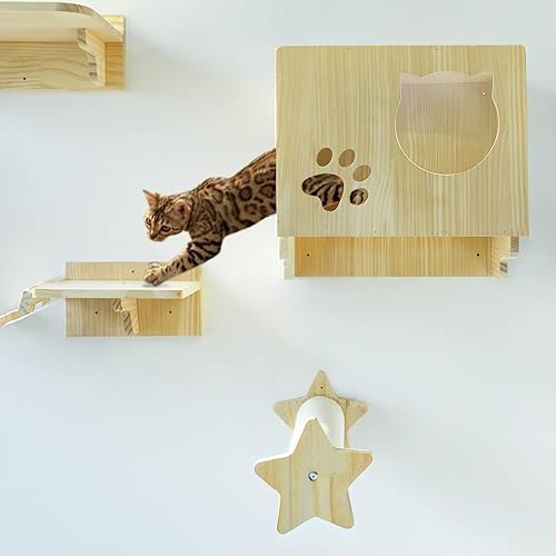 Miniatura 3 de La La Pet Estantes y perchas modernos para gatos, árbol de escalada para gatos montado en la pared con 9 escalones y escalera, centro de actividades