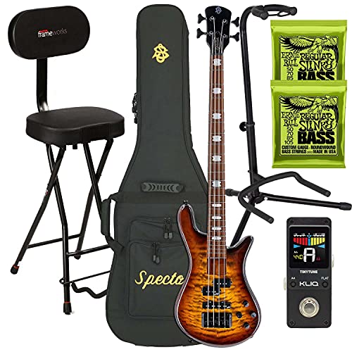 Spector EuroBolt 4 Bass Guitar – Tobacco Sunburst Gloss, (2) EBall 2832, Gator GFW-GTR-1000, KLIQ TinyTune, Gator GFW-GTR-SEAT Bundle